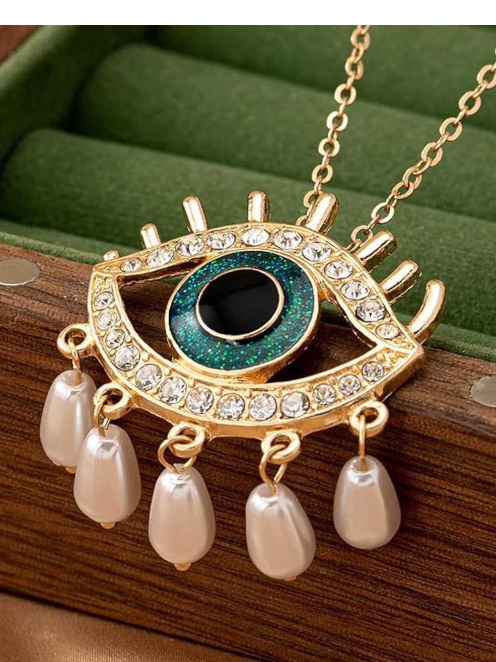 Evil Eye Pearl Pendant Necklace | Gold Rhinestone Protection Necklace | Boho